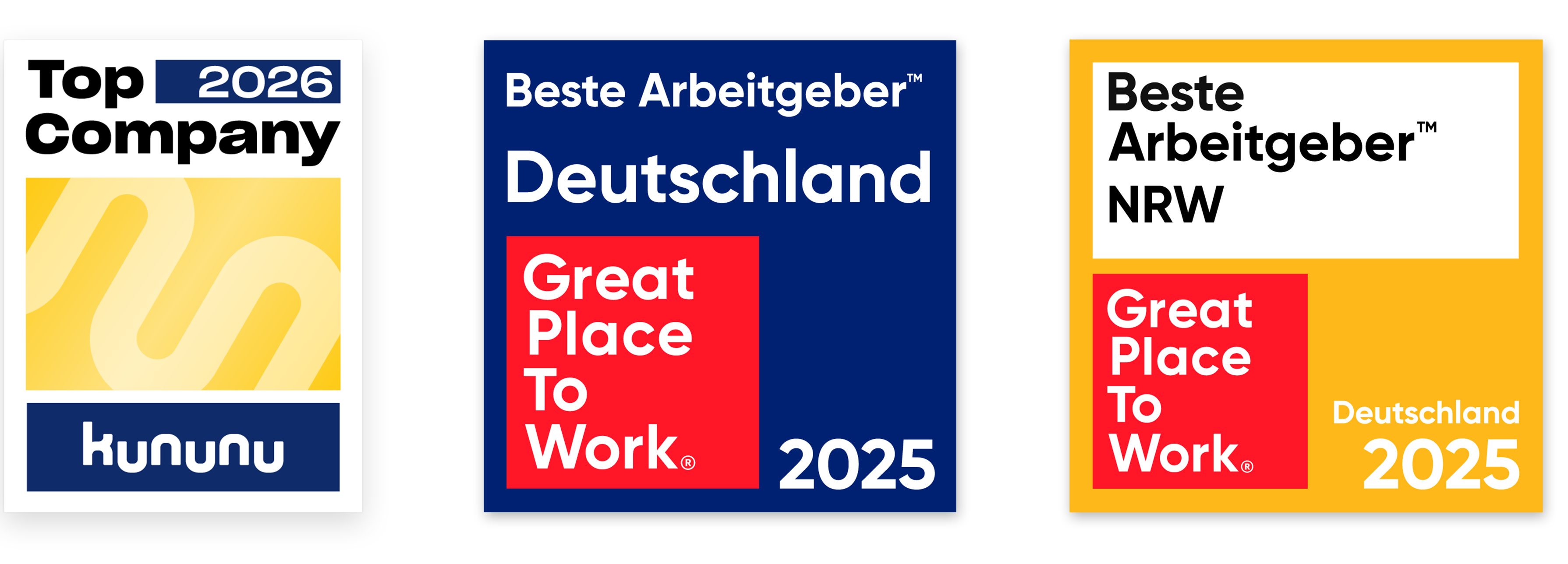 Arbeitgebersiegel von kununu 2026 und Great Place to Work 2025