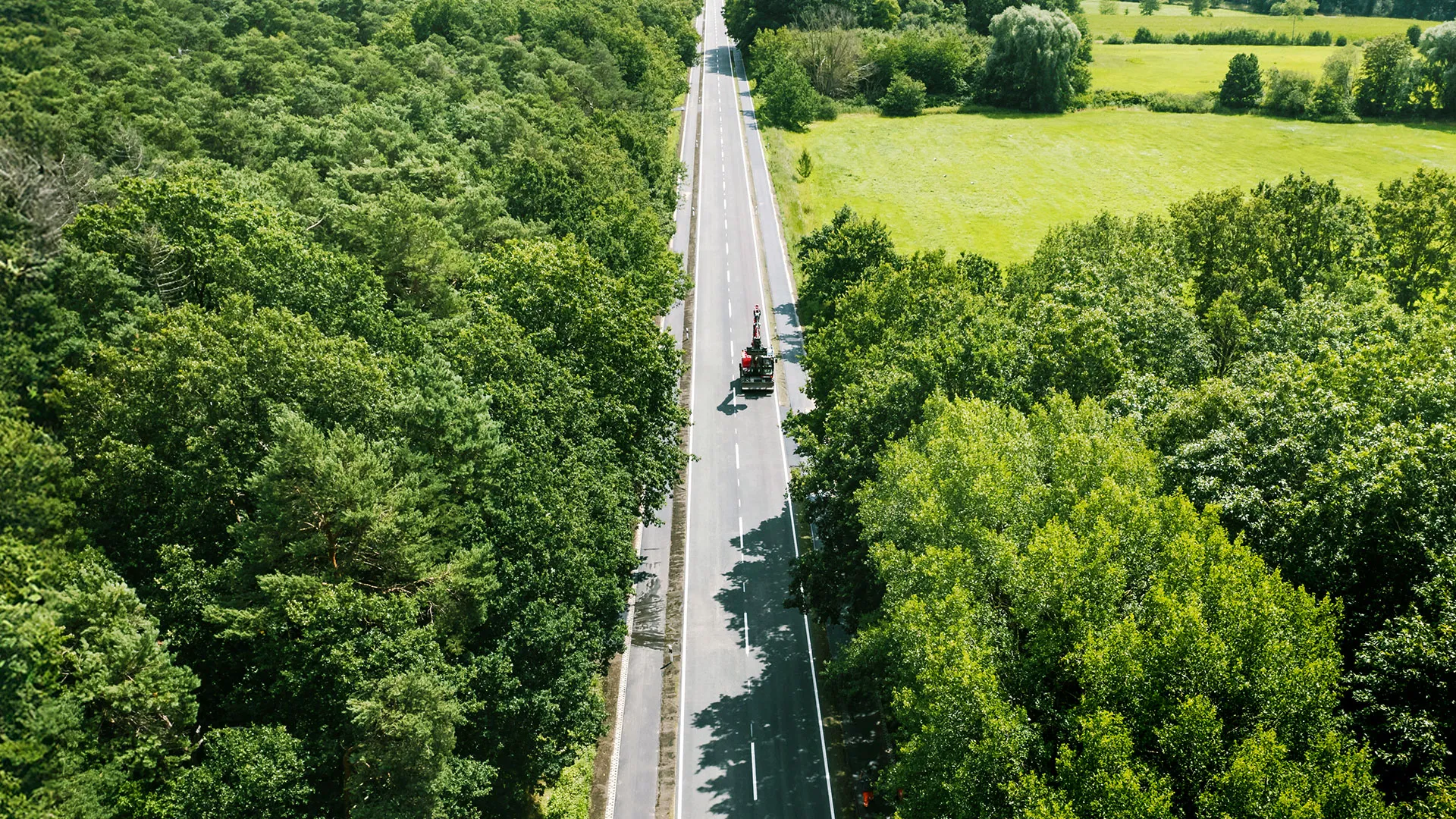 Straße durch Wald und Felder