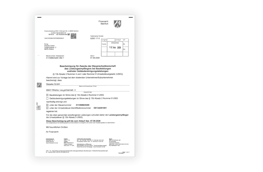Zertifikat Nachweis zur Steuerschuldnerschaft
