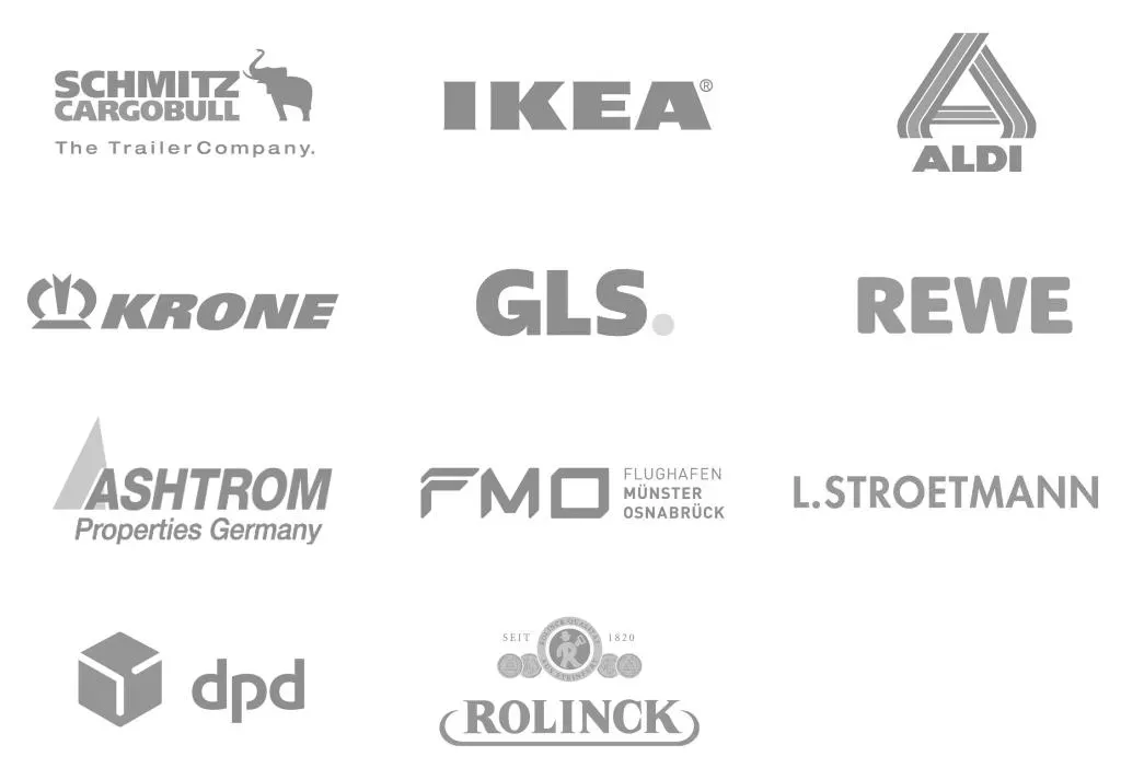 Logo von Schmitz-Cargobull, Ikea, Aldi, Krone, Rewe, Ashtrom, FMO, GLS, dpd, Rolinck, Strotmann