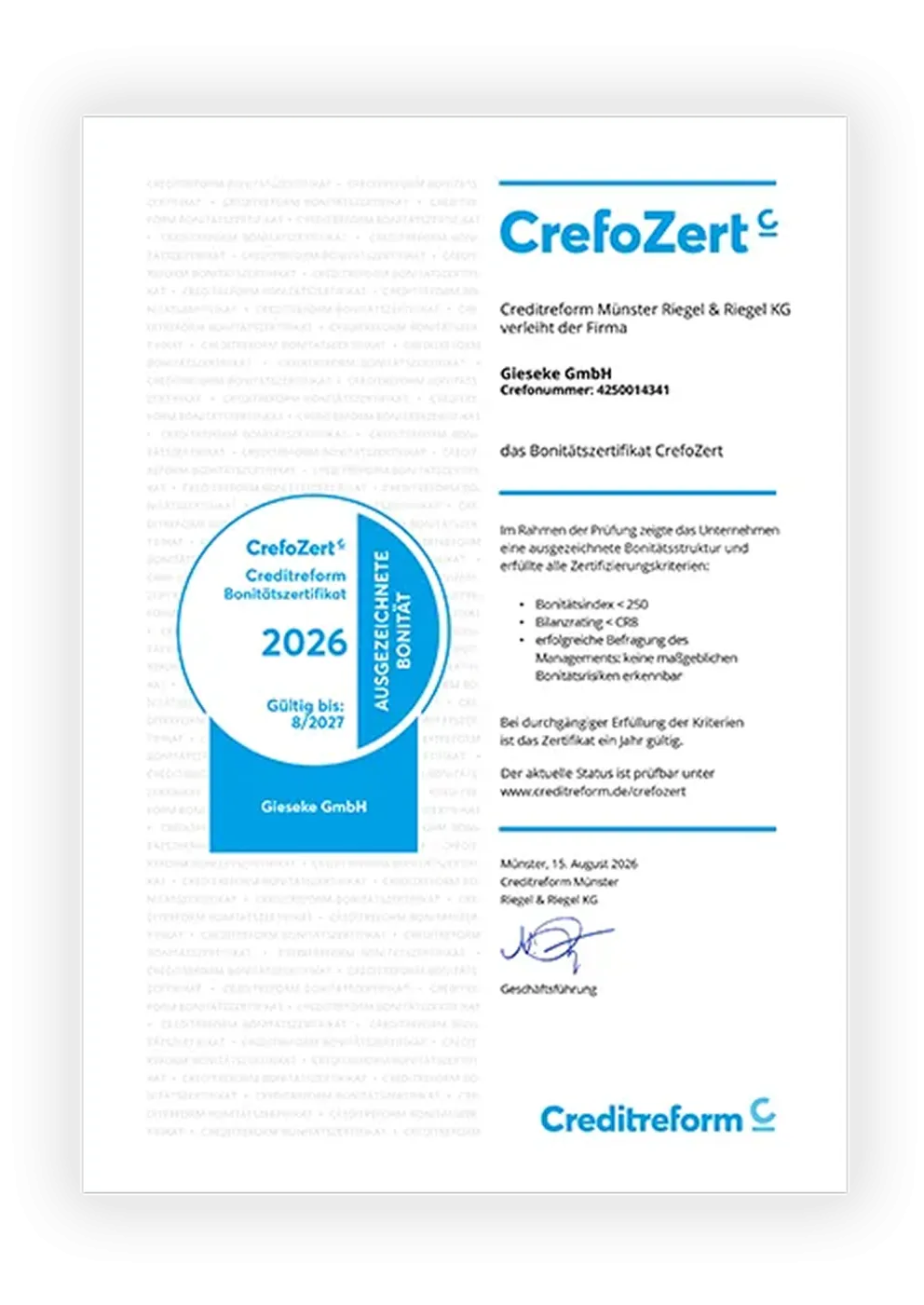CrefoZert-Bonitätszertifikat 2026 von Creditreform für die Gieseke GmbH mit ausgezeichneter Bonität