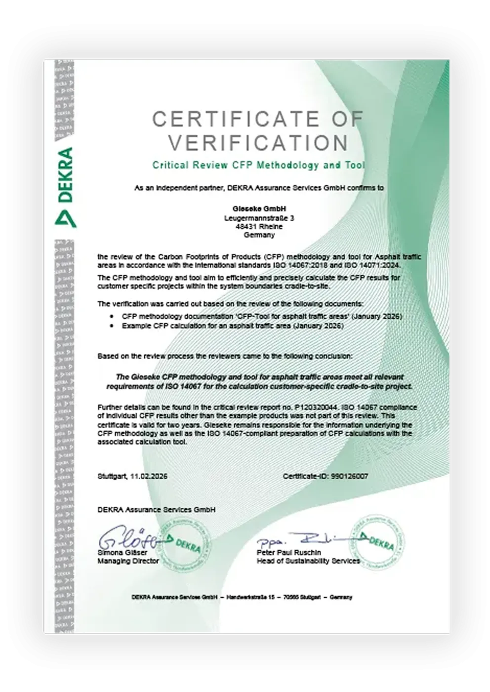 DEKRA-Zertifikat „Certificate of Verification“ zur Bestätigung der geprüften CFP-Methodik und des Tools der Gieseke GmbH für Asphaltverkehrsflächen nach ISO 14067 und ISO 14071