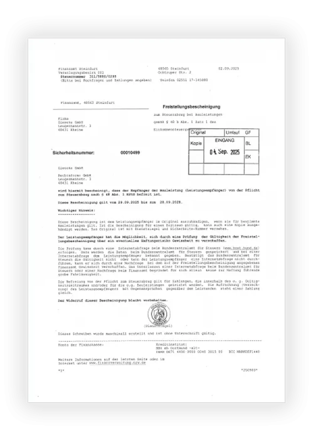 Alt-Text: Freistellungsbescheinigung des Finanzamts Steinfurt für die Gieseke GmbH zur Bauabzugsteuer nach § 48b EStG
