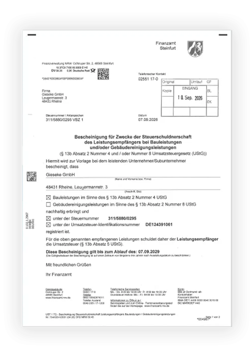 Bescheinigung des Finanzamts Steinfurt zur Steuerschuldnerschaft der Gieseke GmbH bei Bauleistungen nach § 13b UStG