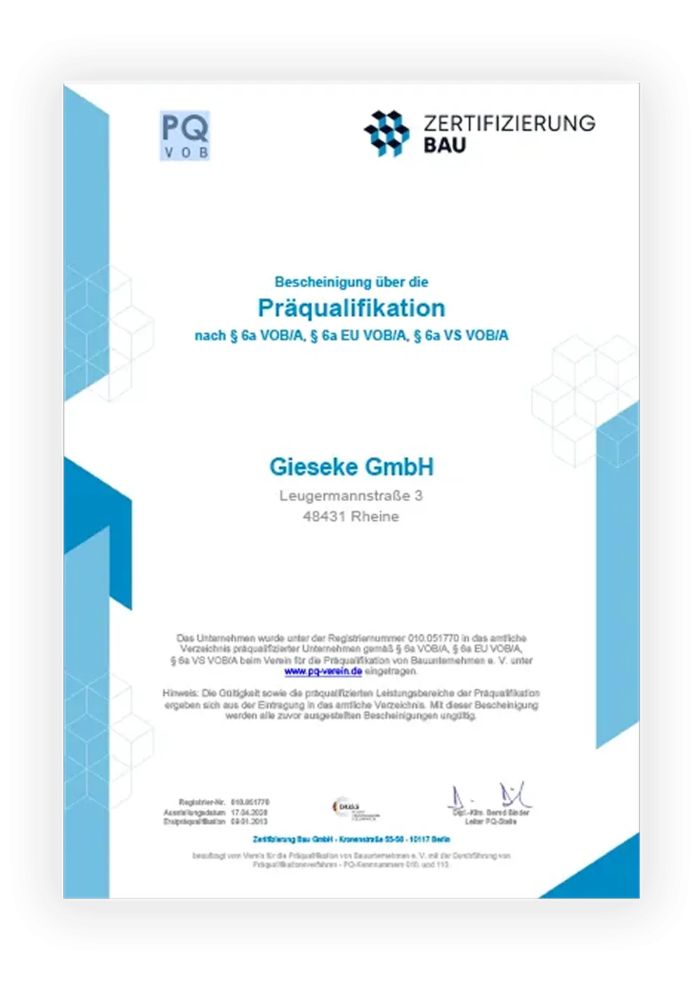 Bescheinigung über die Präqualifikation der Gieseke GmbH