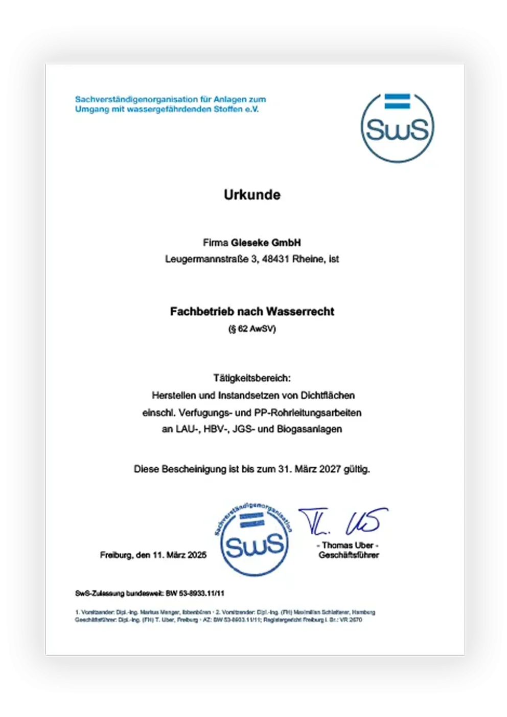 Urkunde der Sachverständigenorganisation für Anlagen zum Umgang mit wassergefährdenden Stoffen