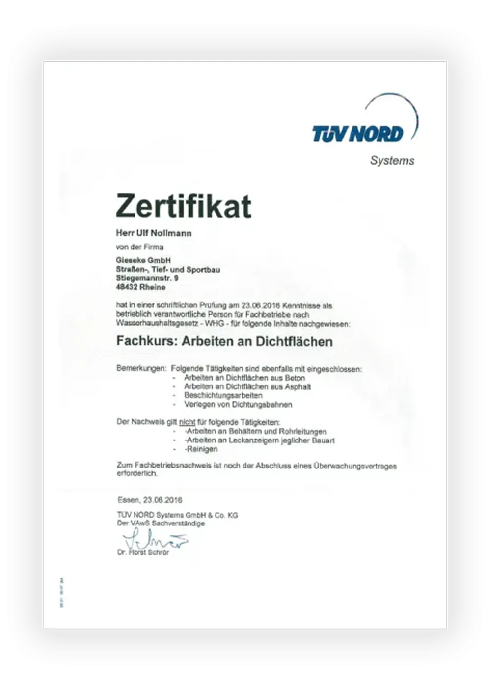 TÜV-NORD-Zertifikat für Ulf Nollmann von der Gieseke GmbH über den Fachkurs „Arbeiten an Dichtflächen“ für Fachbetriebe nach dem Wasserhaushaltsgesetz